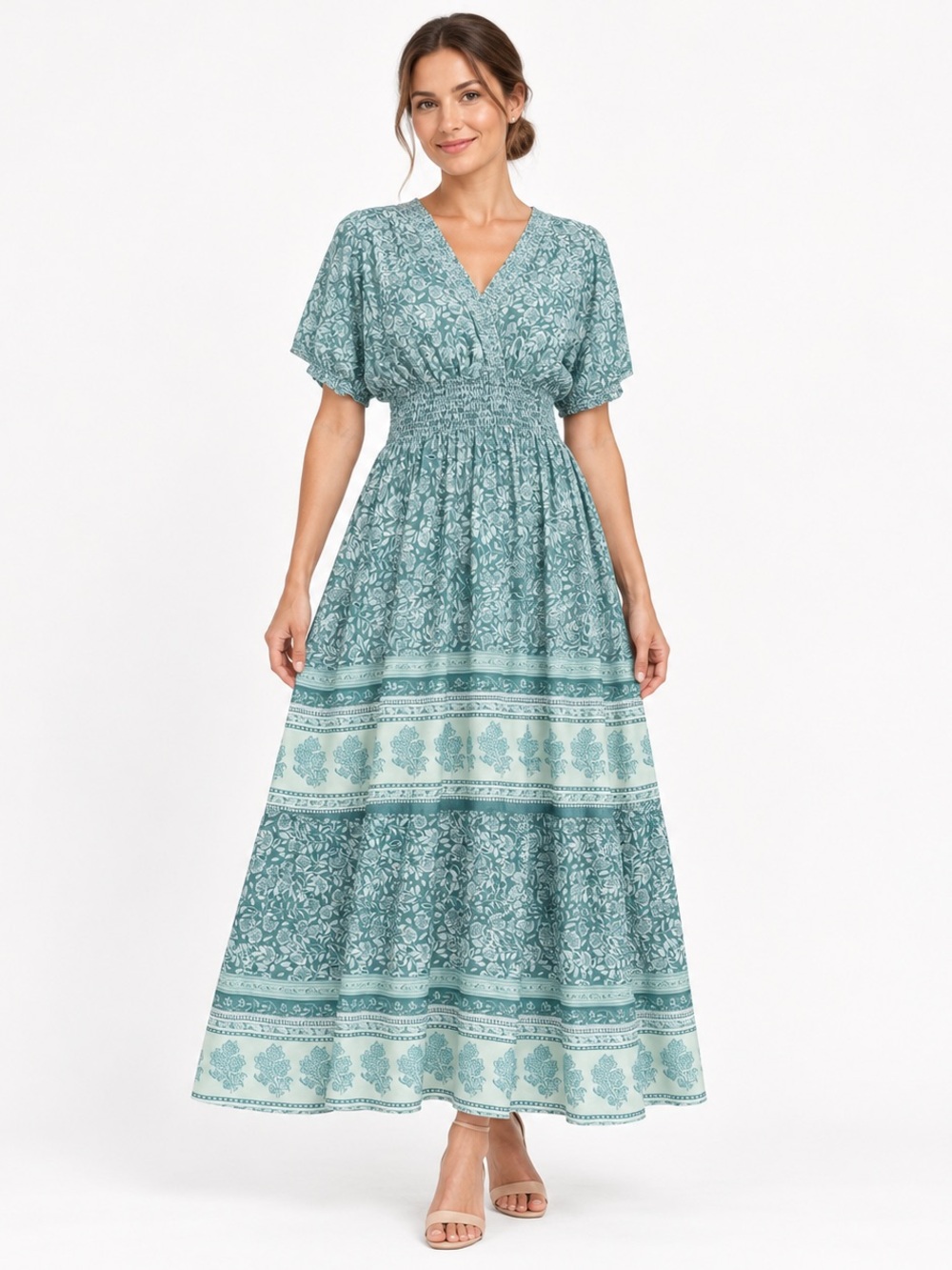 Seven Islands Teal Floral Border Print Smocked Maxi Boho Dress Large